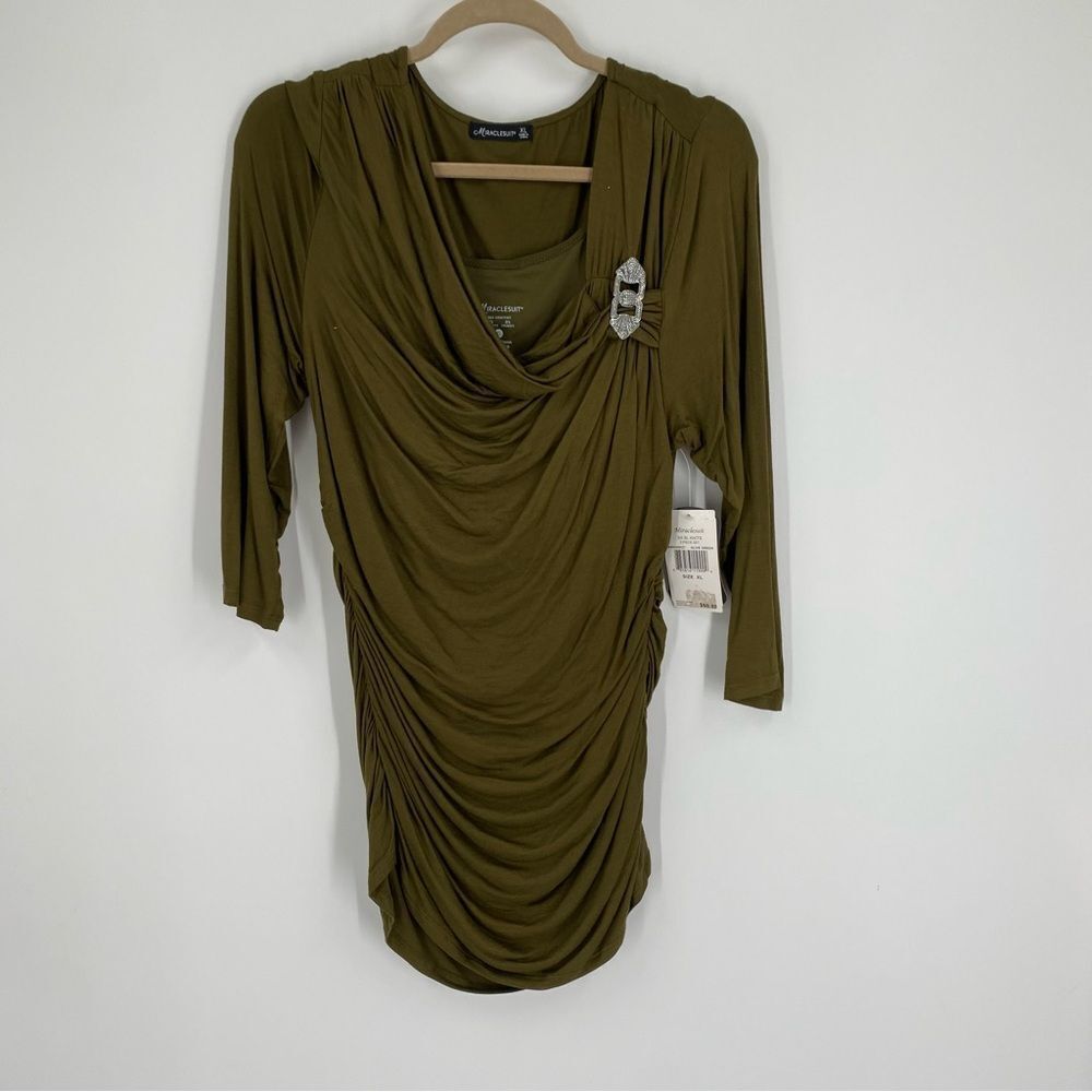 Miraclesuit Khaki Draped Women's Shaping Ruched Brooch Top size Xl 2 Pieces